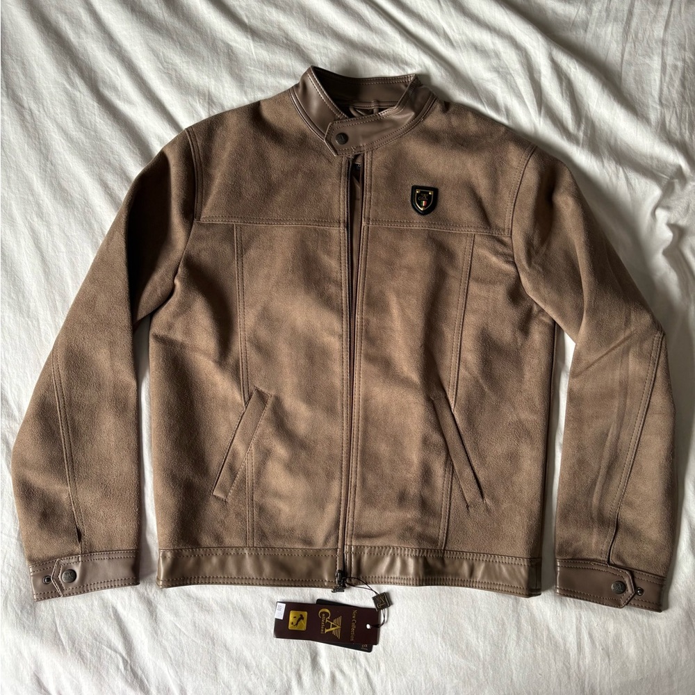 A Collezioni Faux Suede & Leather Racer Jacket Brown, Men's M, NWT Made in Italy